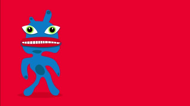 strange moving creature like an alien with blue pigmented skin on a wavy moving body with half its skull divided and a row of teeth in middle