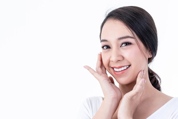 Portrait images of Asian young, pretty woman is 25 years old, She is smiling brightly, She has...
