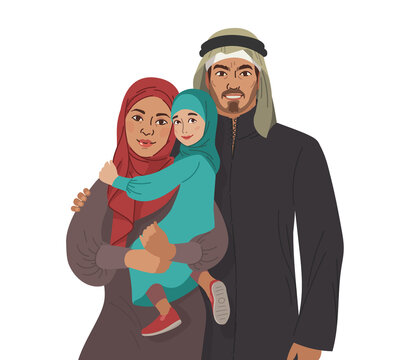 Family portrait. Middle Eastern Muslim People. Arab mother, father and little daughter. National Clothes. Vector Flat Illustration Simple Shapes