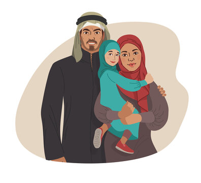Family portrait. Middle Eastern Muslim People. Arab mother, father and little daughter. National Clothes. Vector Flat Illustration Simple Shapes