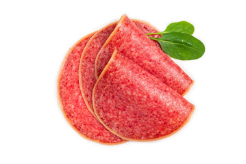 Salami slices isolated on white background.