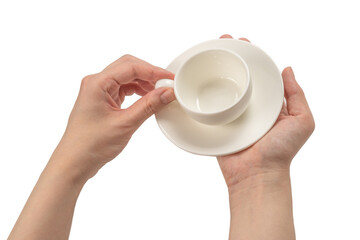Empty coffee cup in woman hand isolated on white.