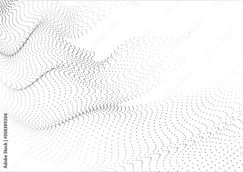 Poster abstract background with flying particles. 3d volumetric waves from many points.