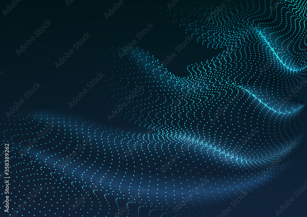 Poster abstract background with flying particles. 3d volumetric waves from many points.