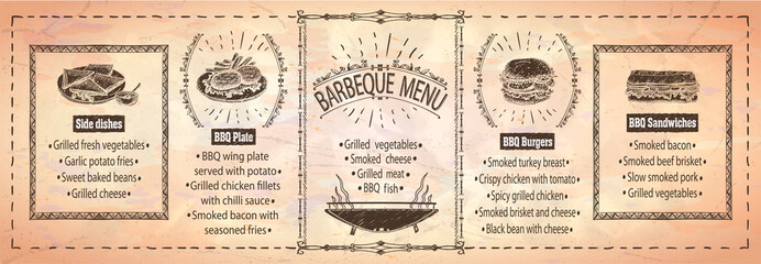 Barbecue menu board template - steaks, burgers, sandwiches, side dishes - obrazy, fototapety, plakaty