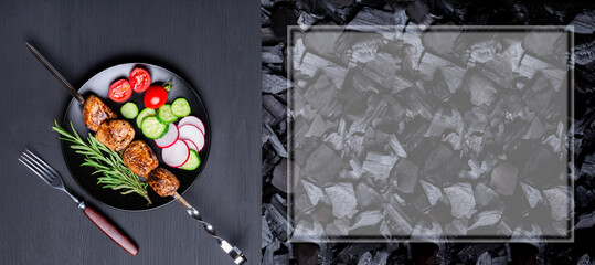 Cooked meat on a skewer with chopped vegetables on a black charcoal background. Barbecue concept. copy space