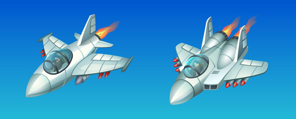 Jet airplane fighter. Two fighter aircraft isolated on a blue background. Vector illustration. 