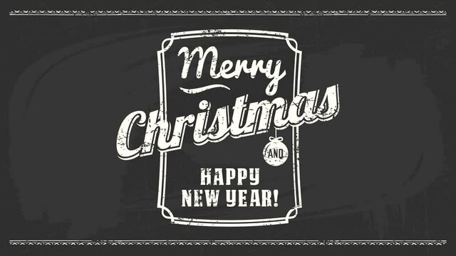 long white chalk frame containing merry christmas and happy new year text drawn on black chalkboard
