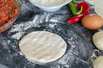 Turkish lahmacun dough and minced meat,egg,pepper on the table , top view