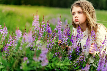 A little girl in a white dress with beautiful flowers in the field in summer. Concept of happy childhood. Copy space for text