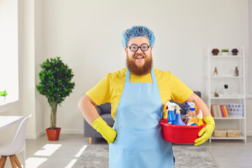Funny cleaner man washes an apartment. Cleaning service office home apartment.