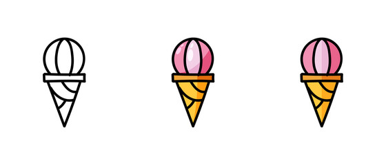 This is a set of icons with different style of ice cream cones. Contour and color ice cream cone symbols. Freehand drawing. Stylish web site solution.