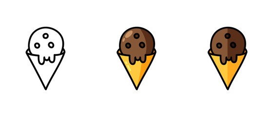 This is a set of icons with different style of ice cream cones. Contour and color ice cream cone symbols. Freehand drawing. Stylish web site solution.