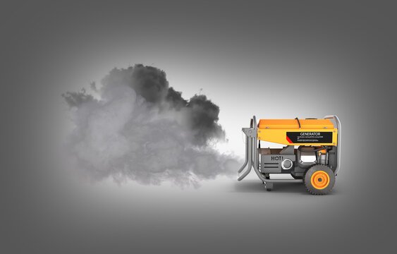 Ecology concept Illustration of pollution by exhaust gases Portable gasoline generator producing a lot of smoke isolated on a gray gradient background 3d render