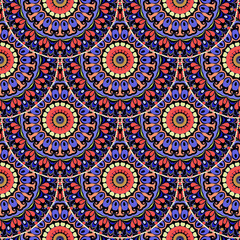 Deco floral seamless pattern. Boho ornamental tiled mandalas vector background. Tribal style Paisley flowers ornament. Round ethnic Bohemian style mandala design. Repeat patterned folkloric backdrop