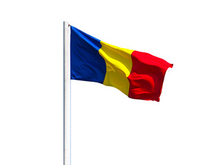 Romanian flag on the flagpole isolated on white