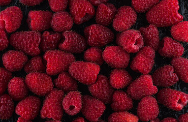 juicy raspberries on a black background, dry and with water drops