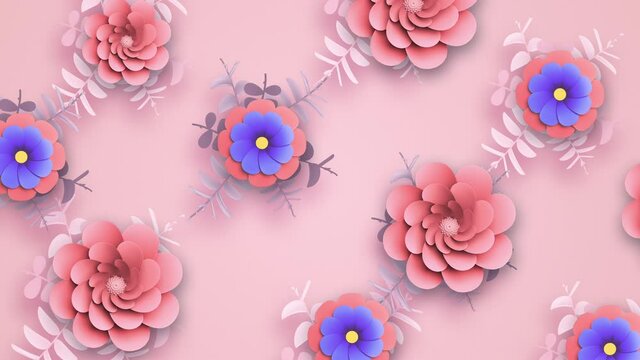 Beautiful Pink Flower abstract pattern. Dynamic composition. Leaves and flowers growing and blooming. Bright, fresh floral pattern. Natural Spring template. 3D Render. Decorative Blossom 4K Animation