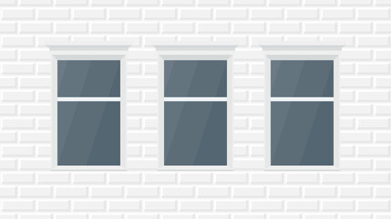 White bricks pattern with three windows. Brick wall vector texture. Old urban masonry. Vintage architecture block wallpaper. Retro facade room illustration