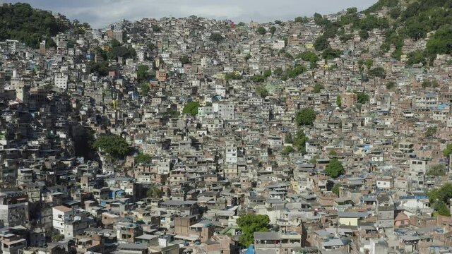 Aerial, drone footage of colorful dwellings of Rocinha favela in Rio de Janeiro Brazil
