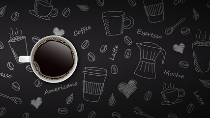 Coffee cup on hand drawn doodle coffee background, vector illustration