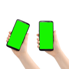 Woman hand holding the black smartphone with green screen. Two position, collage. Isolated on white background.