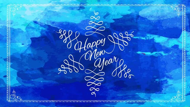 happy new year greeting card with snowflake with triangular edges coming out like strings from thin letters on blue background