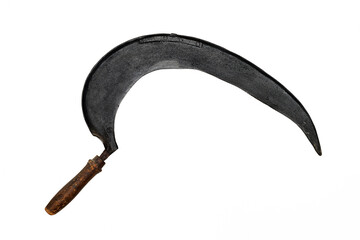 ancient hand made sickle on white background