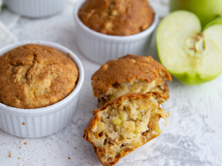Muffin with cheese and apple. Fresh homemade cakes. Maasdam. Concept of healthy breakfast. Close up. Copy space.