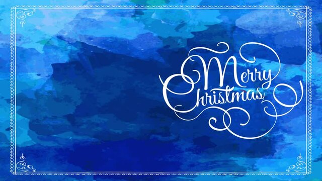 merry christmas greeting postcard plan with thin white calligraphy forming rounded adornment over blue watercolour background
