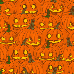 Hand drawn sketch style jack-o'-lanterns seamless. Hallowed-out pumpkins pattern. Jack-o'-lanterns off.