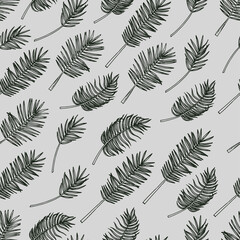 Hand drawn sketch style palm leaves on gray background seamless pattern. Color illustration with tropical leaves.