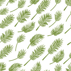 Hand drawn sketch style palm leaves on white background seamless pattern. Color illustration with tropical leaves.