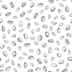 Hand drawn sketch style ripe and peeled Pistacia nut seamless pattern. Vector background. 