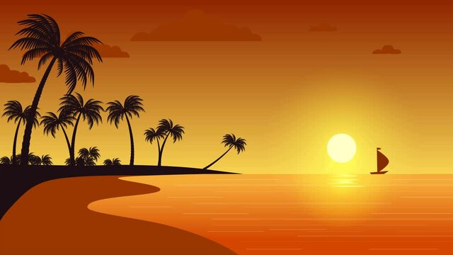 Beautiful sunset - beach landscape animation with palm trees. Seamless loopable background.