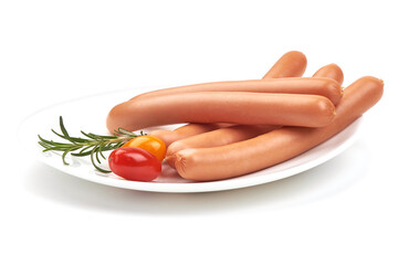 Fresh boiled Wiener sausages, isolated on white background