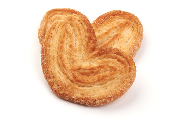 Puff pastry cookies with sugar, isolated on white background