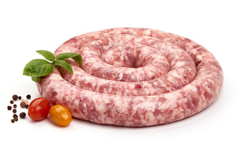 Spiral barbecue sausages, BBQ, isolated on white background