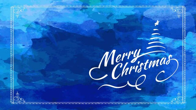 merry xmas reception card with simple design of curly writing with conifer tree with star over blue watercolour scene
