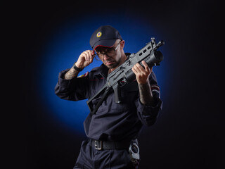 the guy in the police uniform with a gun is a Russian policeman. English translation of 