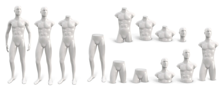 Set of white male plastic standing naked mannequin for clothes of different parts. Front view. Decor showcases fashion store. Vector 3d realistic illustration isolated on white background
