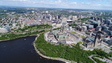 Fototapeta na wymiar Aerial/Drone Photo of Parliament Hill & Ottawa River 