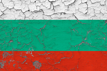 Bulgaria flag close up grungy, damaged and weathered on wall peeling off paint to see inside surface. Vintage concept.