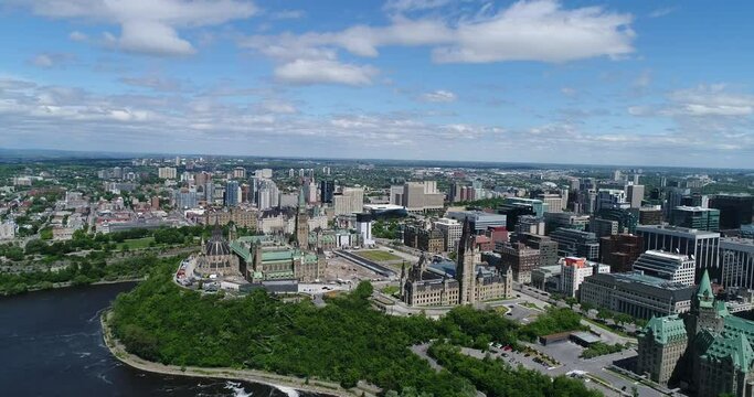 Aerial/Drone Video of Parliament Hill, Ottawa River & Downtown Ottawa
