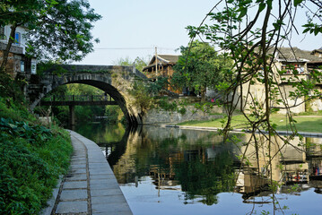 Longevity Bridge crosses a canal in the ancient town of Daxu, Guangxi Province, China