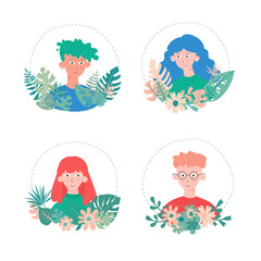 Collection of faces. Avatars of fashionable and different young people, girls and boys with tropical plants, flowers and leaves. Flat design elements, fashionable males and females portraits