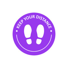 Keep your distance footprint sign. Round floor marking icon with text and shoeprints for queue line. Social distancing. Isolated vector illustration