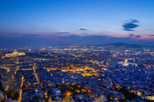 Amazing View on y Athens at magical blue hour (Acropolis of Athes at left corner)