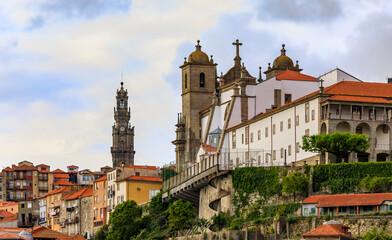 View of Porto Cathedral or Se Catedral and terracotta roofs of the Ribeira and Vila Nova de Gaia in Porto, Portugal