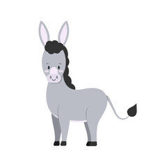 Obraz na płótnie Canvas Cute donkey farm animal isolated on white background. Grey funny domestic mule character in standing pose. Flat design cartoon style vector illustration.